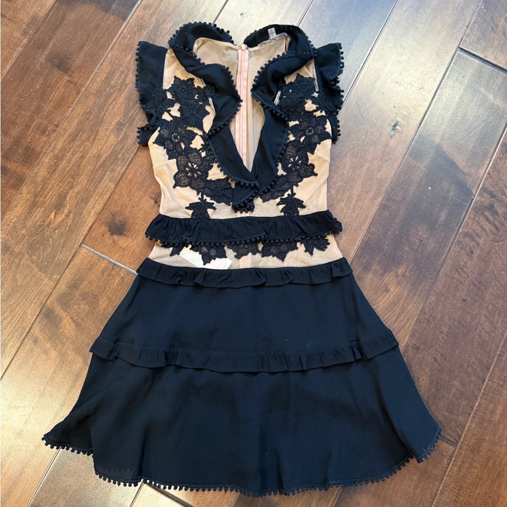 For Love & Lemons Black and Beige Lace-Trim Dress